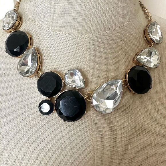 J.Crew black and rhinestone gold tone statement necklace - Picture 1 of 9